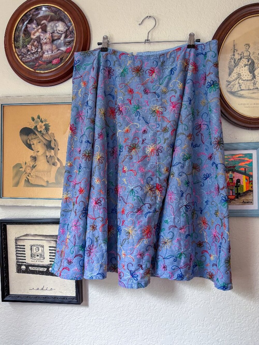 Chambray Colorful Embroidered A-line Skirt